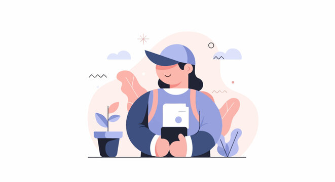 A flat illustration of a person in a cap and backpack holding a phone