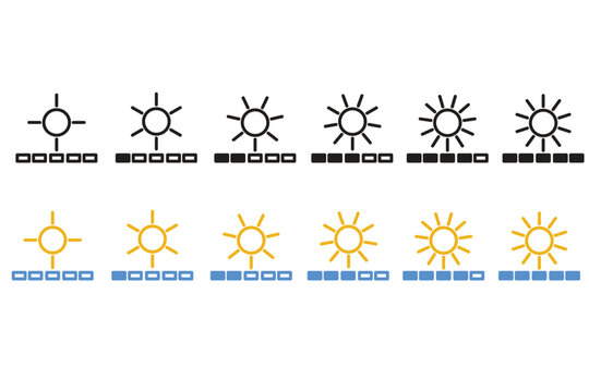 Brightness intensity icon set showing light level variations ideal for interface and display settings.