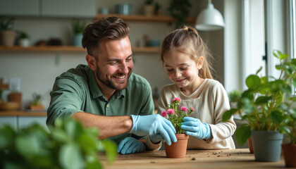 Fototapeta premium Father and daughter plant flowers together in cozy home setting. They wear gloves to protect hands while repotting small plant with pink blossoms. Joyful bonding activity, promoting indoor gardening.