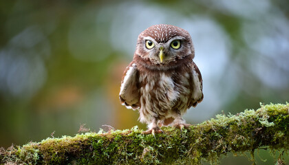 Little owl bird perching on a mossy branch