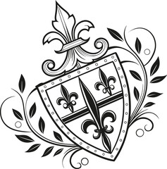 Heraldic shield, fleur de lis crest, black and white vector, coat of arms, decorative emblem © Mashqura