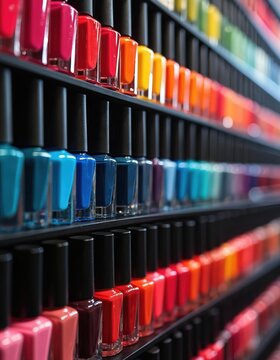 Rows of colorful nail polish bottles arranged neatly on shelves, wide range of hues, shades. Collection displays vibrant beauty products perfect for cosmetic salon settings, offering diverse color