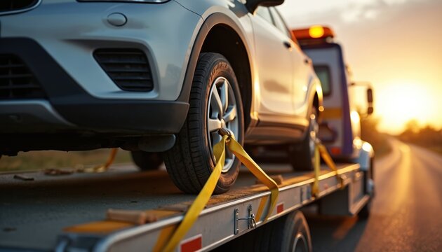 Silver car gets secured with yellow straps on tow truck flatbed. Roadside assistance truck transports broken down vehicle at sunset. Safety, recovery, and transport services.