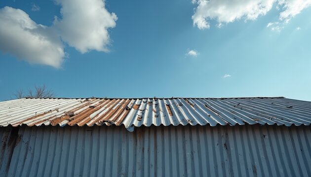 Rusted corrugated metal roof on old building under clear blue sky with scattered white clouds. The weathered rooftop shows signs of decay and damage from exposure to the elements over time.