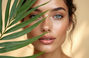 Fototapeta premium Young woman face with green leaves partially covering. Natural beauty and skin care concept. Clean healthy skin, fresh look. Soft light highlights features. Peaceful expression.