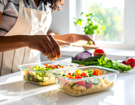 Meal Prep mit frischem Pastasalat in Boxen