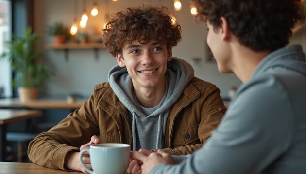 Two young men chat over coffee in a cafe. One smiles warmly holding a mug. They talk casually in a relaxed indoor setting with soft lighting and plants. Their conversation seems positive and friendly.