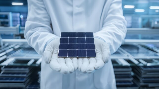 Solar technician holding a monocrystalline solar cell thin square wafer.