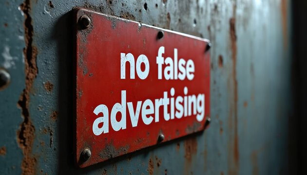 Red weathered sign on rusty wall reads NO FALSE ADVERTISING. Metal plate bolted to grunge surface. Symbolizes truth in marketing business and consumer rights protection.