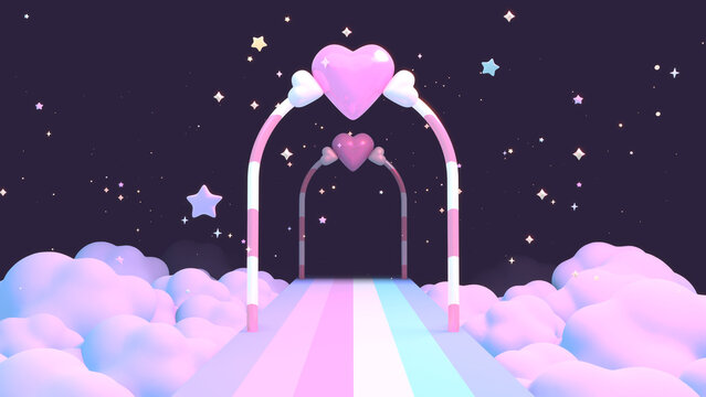 3D rendered cute heart corridor on clouds.
