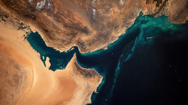 Aerial satellite view of the Strait of Hormuz, Middle East oil trade chokepoint