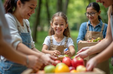 Fototapeta premium A group of diverse people including children sort fresh produce and food in boxes outdoors. Adults and kids work together packing fruits and vegetables for charity or community food bank support.