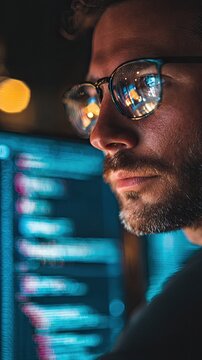 A programmer wearing glasses works at a computer, looking at program code, data, cybersecurity