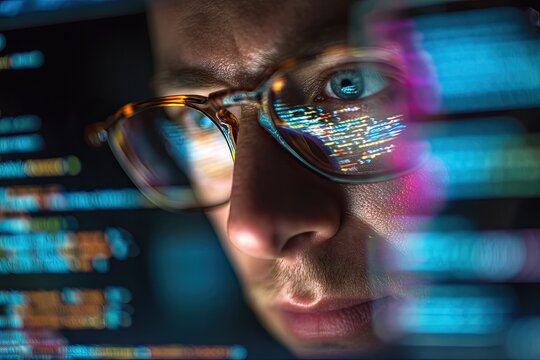 A programmer wearing glasses works at a computer, looking at program code, data, cybersecurity