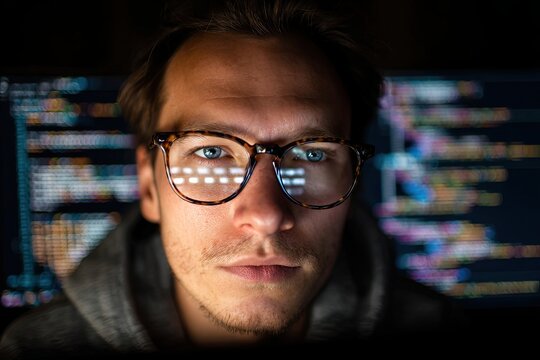 A programmer wearing glasses works at a computer, looking at program code, data, cybersecurity