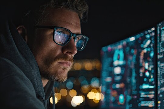 A programmer wearing glasses works at a computer, looking at program code, data, cybersecurity