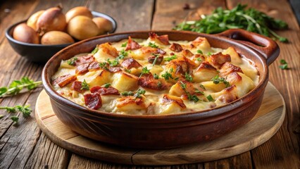Fototapeta premium Delicious Creamy Potato and Bacon Casserole in Rustic Brown Dish