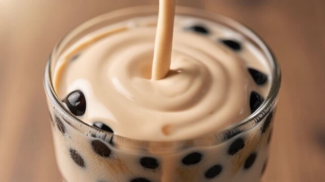 Creamy bubble tea with milk pouring and black tapioca pearls in a glass on wooden background