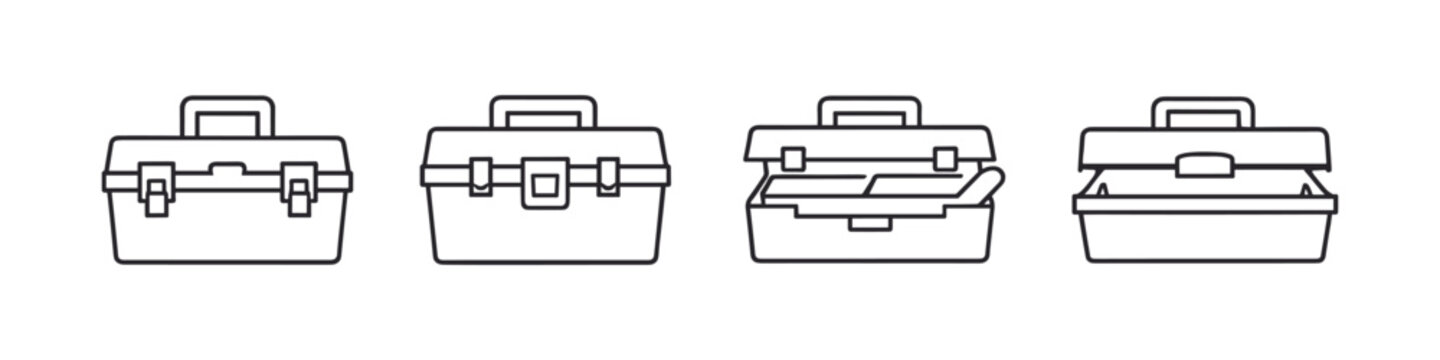 Collection of simple line art icons representing toolboxes in various states of openness