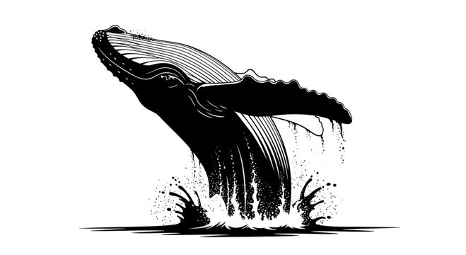 Black and white illustration of a whale jumping out of the water on isolated with splashes