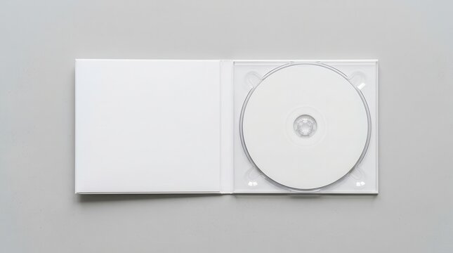 A clean, minimalist overhead shot of an open white cd jewel case with a blank disc inside, set against a neutral grey background.