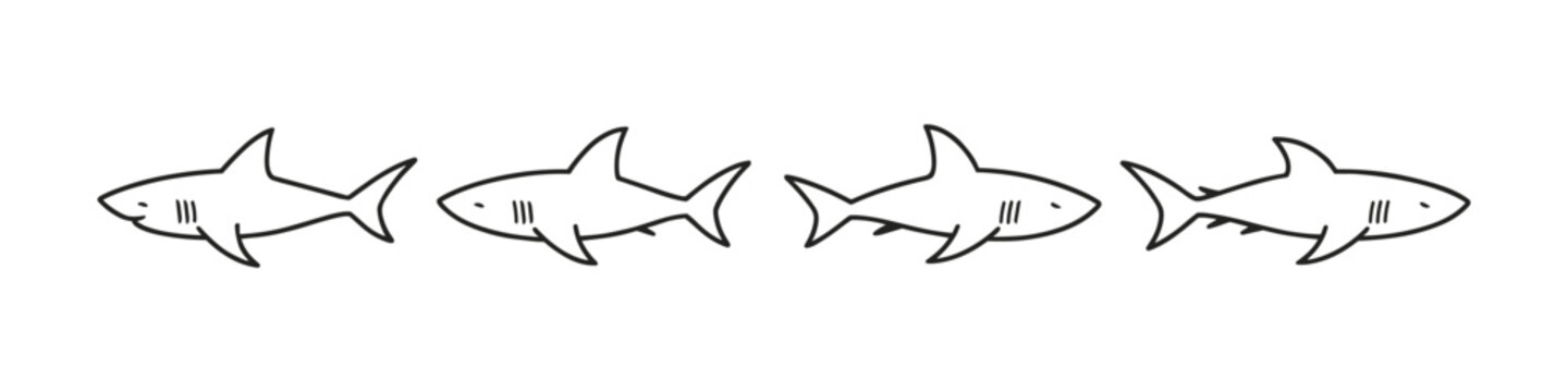 Four simple line art sharks swimming in a row on a white background