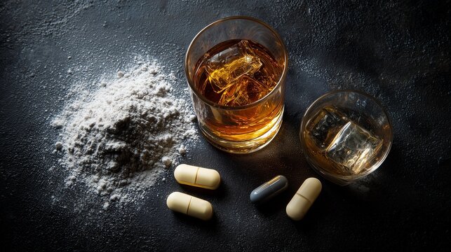 Whiskey glass, shot glass, pill capsule and powder representing overdose prevention and emergency medicine drug response.
