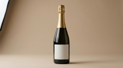 Sebuah obyek botol sampanye hijau tertutup gabus yang terpencil dengan label kosong berisi cairan alkohol penuh untuk perayaan minum di kilang anggur