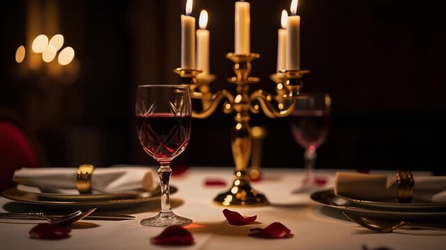 Romantic dinner table setting with red wine candles and rose petals in elegant atmosphere
