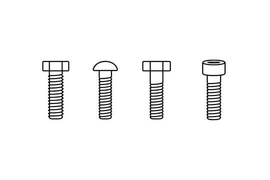 Set of four different types of screws and bolts with threaded shafts