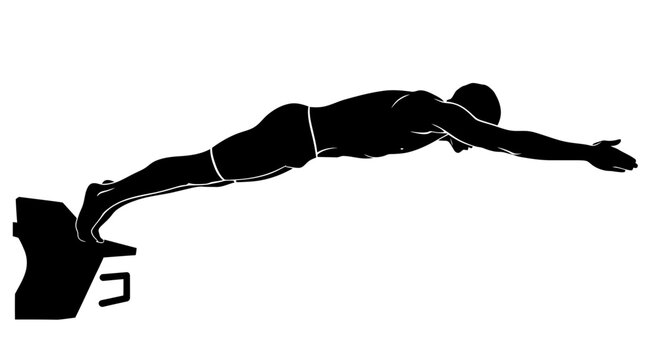 A black silhouette of a man diving off a diving board into water with dramatic outstretched arms and legs