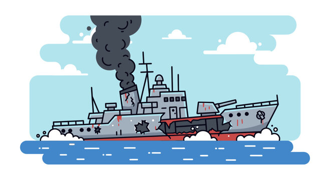 Cartoon illustration of a heavily damaged warship on fire, with smoke rising from its stack and visible battle scars, floating on blue water.