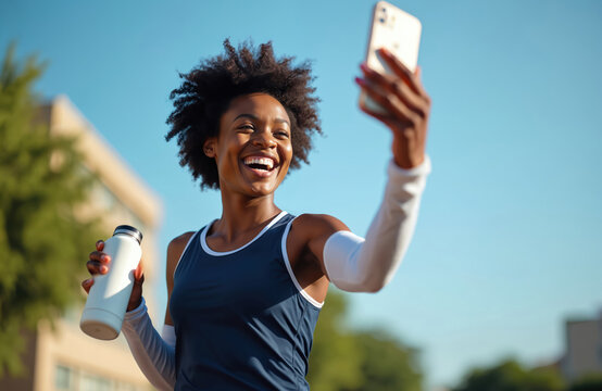 Smiling Black woman runner holds water bottle, takes selfie with smartphone after outdoor workout. Fit athlete smiles happily in sunny weather, celebrating fitness achievement, healthy lifestyle.
