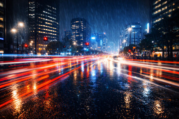 Fototapeta premium Rainy night cityscape with vibrant light trails and reflections