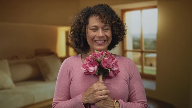 Smiling hispanic woman holding pink bouquet inside building near sunlit window; gratitude contentment.