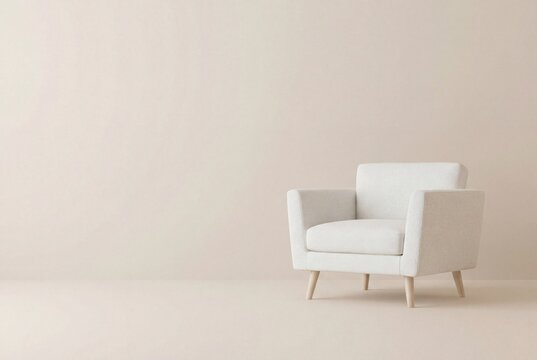 Minimalist white armchair in empty beige room, modern furniture, interior design, scandinavian style, blank wall background, living decor, single seat, cozy chair, neutral home staging, simple space