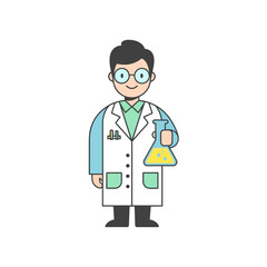 Fototapeta premium Cartoon Scientist Holding Flask with Bubbles, Science Lab Experiment Illustration