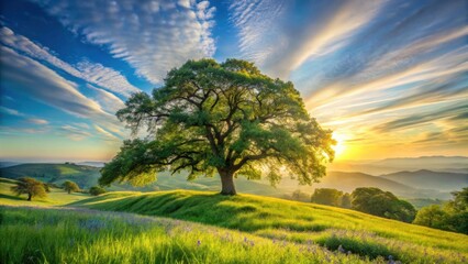 Fototapeta premium Serene Sunset Landscape Featuring a Majestic Oak Tree on a Rolling Hilltop Meadow