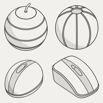 A set of vector icons featuring different types of food and Christmas holiday ornaments including a 3d glass ball and an apple shaped explosive grenade sign for business art design