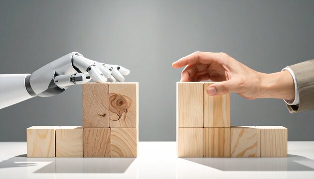 Robotic hand and human hand each placing wooden blocks on L-shaped structures, neutral background, symbolic concept of collaboration, comparison, and integration between AI technology and human capabi