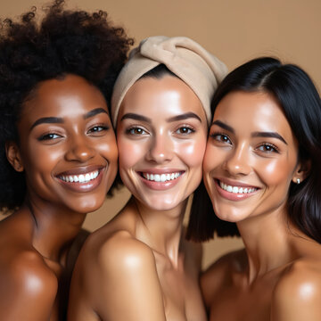 Three diverse women with glowing skin smile brightly together. They look happy and healthy after facial treatments. Beauty, skincare, and friendship are evident in their radiant faces.