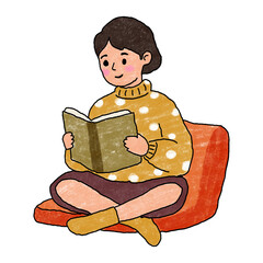 A cute happy young girl sitting cross-legged on an orange cushion reading a book, hand drawn and crayon color texture 