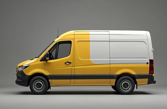 Yellow commercial van with white panel on side. Vehicle ready for custom branding and graphics. Transport for business delivery and logistic services. Mobile advertising space.