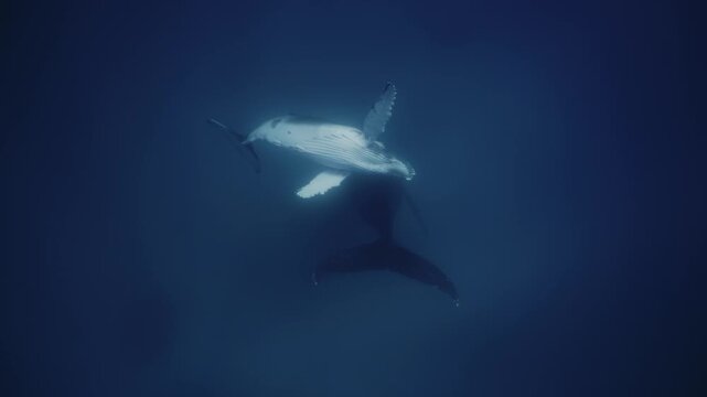 Amazing deep water humpback whale cub next to mom underwater in Pacific Ocean. Baby calf playfully waving flippers. Free whale family in blue water in Tonga Polynesia. Mammal Marine nature life
