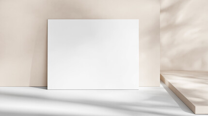 Naklejka premium Minimal Product Display Board with Natural Light, Clean Mockup Background with Copy Space、ミニマルな商品展示ボードと自然光のスタジオ背景（コピー用余白・モックアップ）