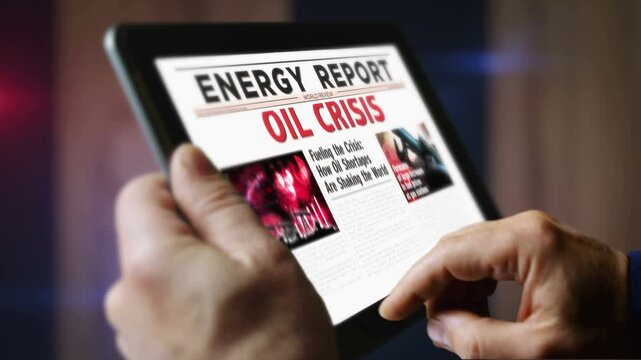 Oil crisis daily newspaper reading on mobile tablet computer screen. Man touch screen with headlines news abstract concept 3d.