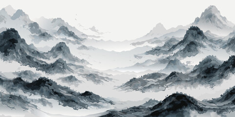 Fototapeta premium Serene Traditional Chinese Ink Wash Painting of Mountain Landscape with Mist and River