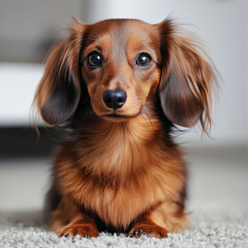 Long haired dachshund dog sitting on carpet, brown fur, big eyes, cute expression, indoor home background