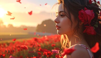 Naklejka premium A serene woman in a field of red flowers at sunset