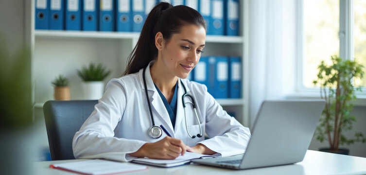 Female doctor writes notes on paper using laptop in clinic office. Medical professional works on computer near window in bright room. Healthcare employee studies patient records at desk.